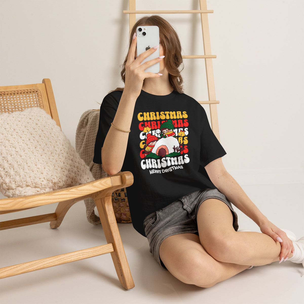 Cute Christmas Shirt, Retro Merry Christmas Graphic Tee, Kids Playing in Snow T-Shirt, Cozy Holiday Gift