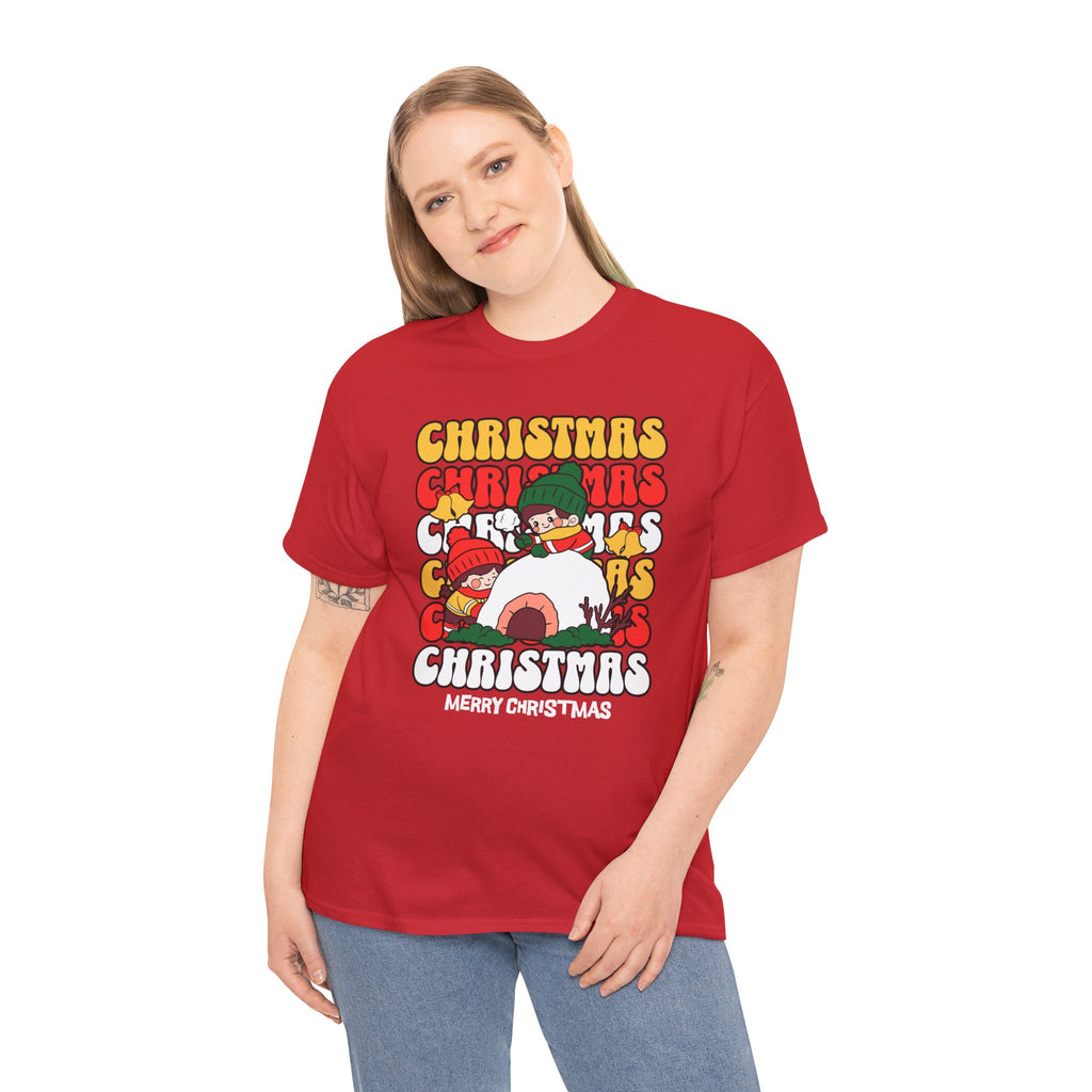 Cute Christmas Shirt, Retro Merry Christmas Graphic Tee, Kids Playing in Snow T-Shirt, Cozy Holiday Gift
