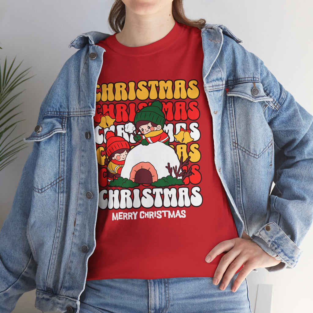 Cute Christmas Shirt, Retro Merry Christmas Graphic Tee, Kids Playing in Snow T-Shirt, Cozy Holiday Gift