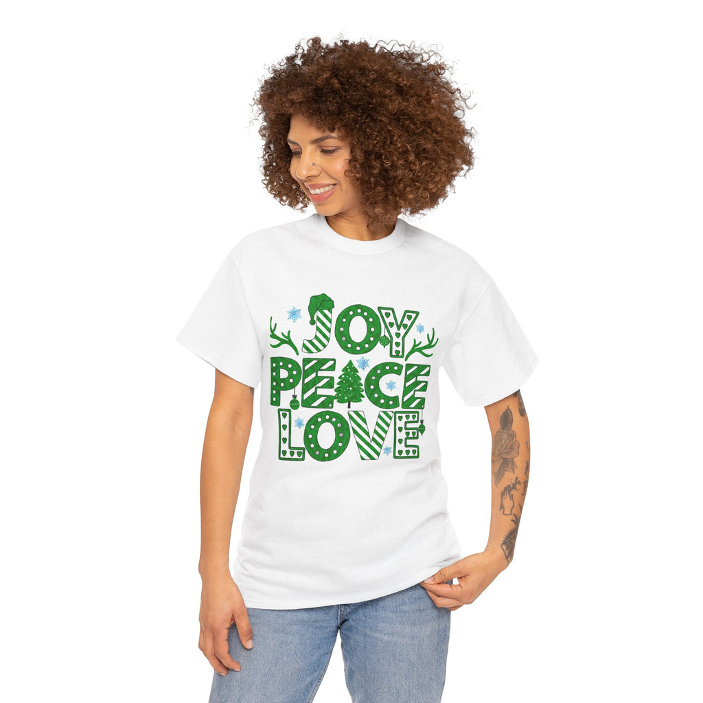Joy Peace Love Christmas Shirt, Green Holiday Graphic Tee, Festive Christmas Typography T-Shirt, Positive Holiday Gift