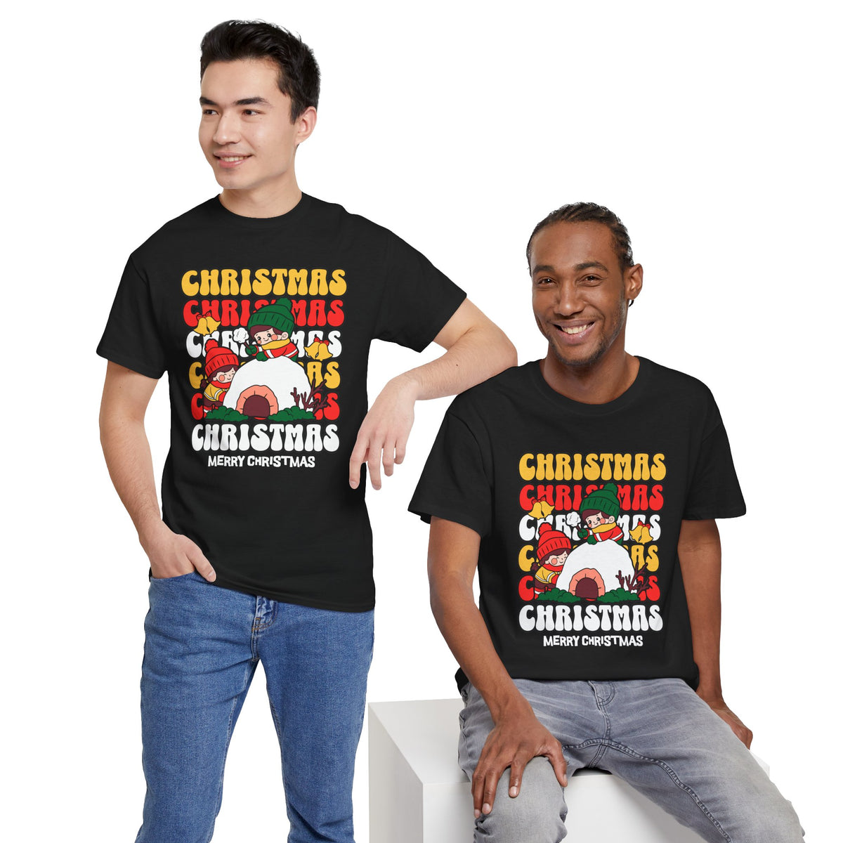 Cute Christmas Shirt, Retro Merry Christmas Graphic Tee, Kids Playing in Snow T-Shirt, Cozy Holiday Gift