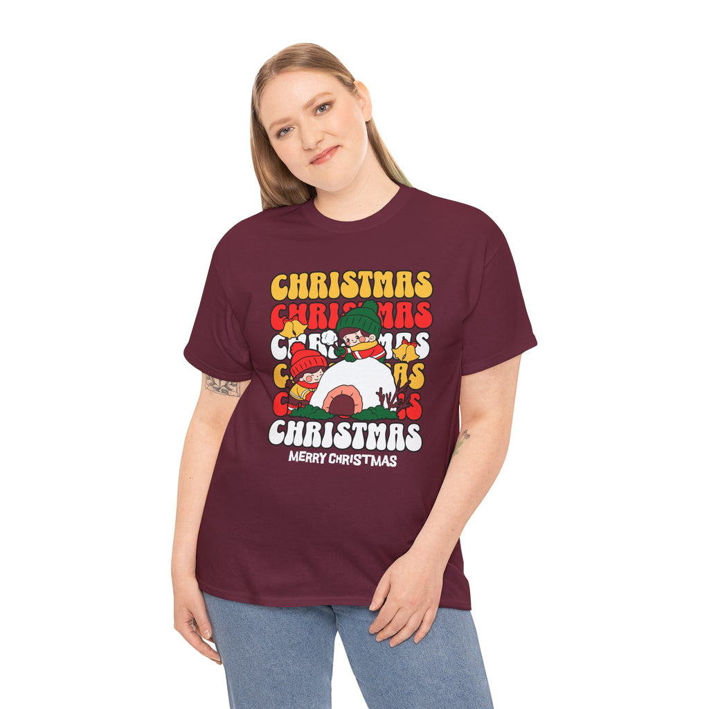 Cute Christmas Shirt, Retro Merry Christmas Graphic Tee, Kids Playing in Snow T-Shirt, Cozy Holiday Gift