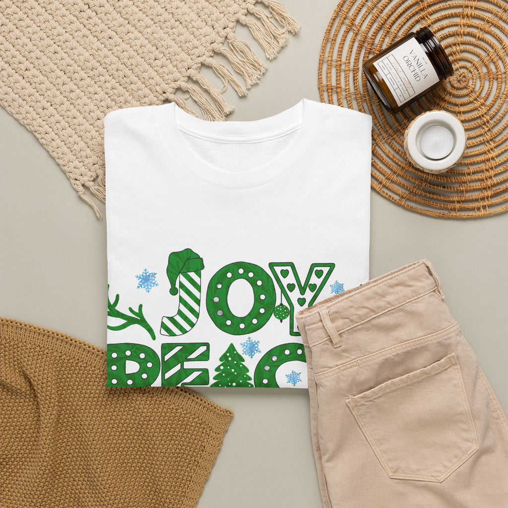 Joy Peace Love Christmas Shirt, Green Holiday Graphic Tee, Festive Christmas Typography T-Shirt, Positive Holiday Gift
