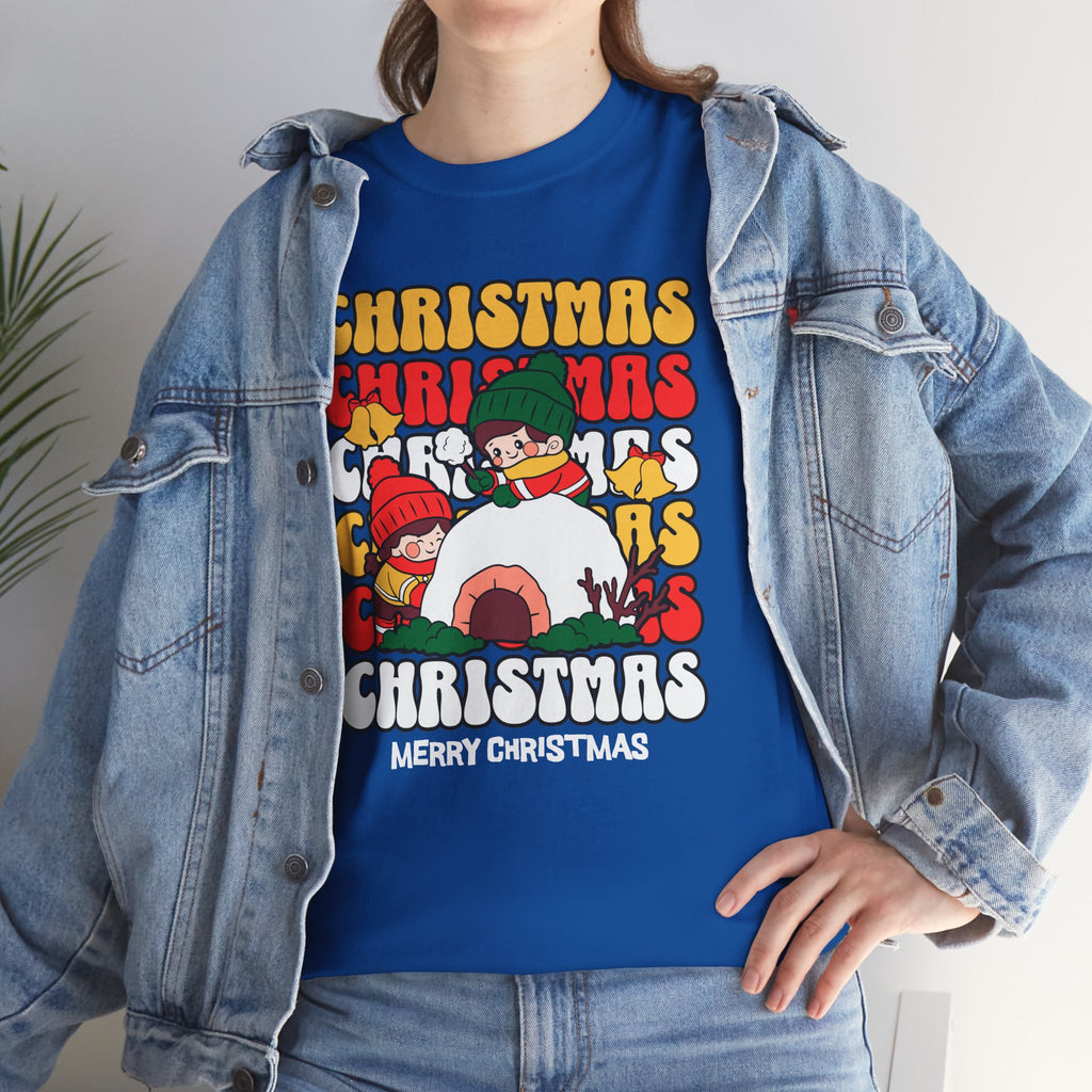 Cute Christmas Shirt, Retro Merry Christmas Graphic Tee, Kids Playing in Snow T-Shirt, Cozy Holiday Gift