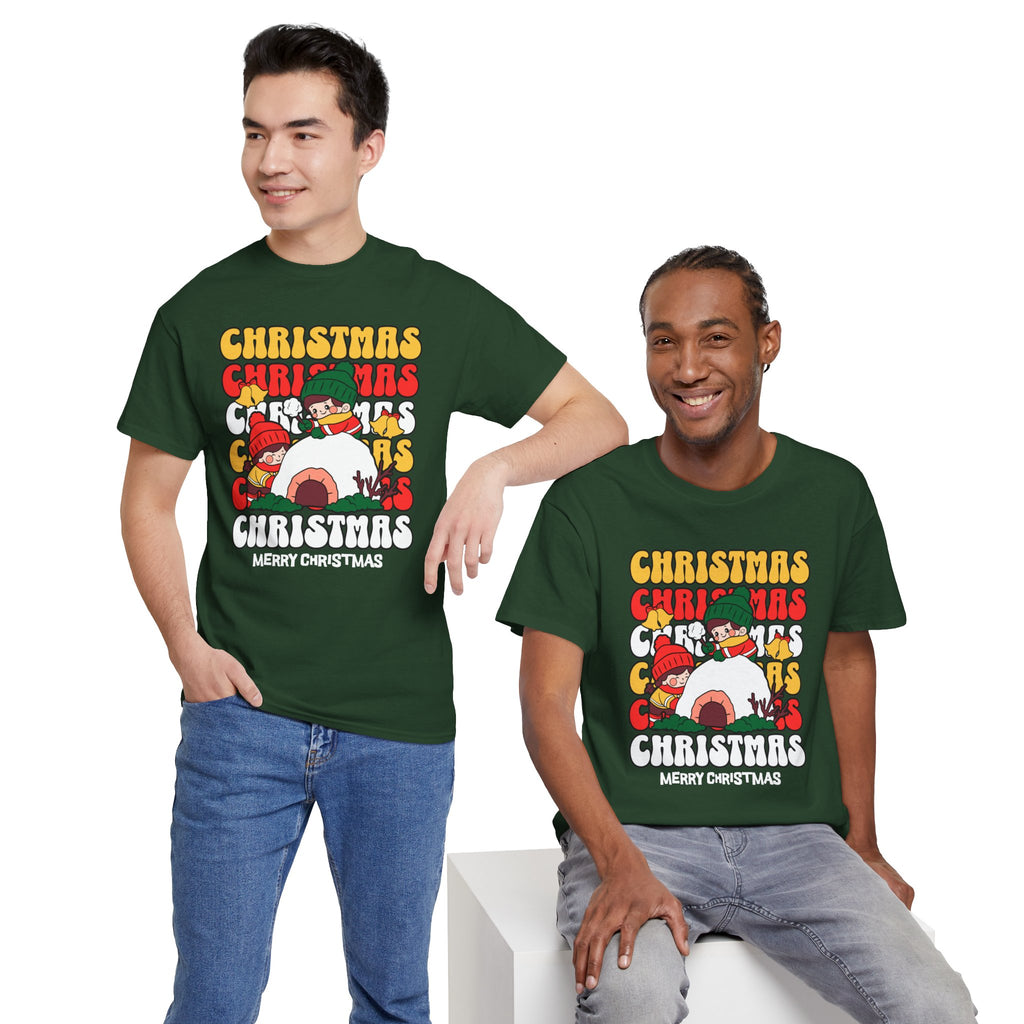 Cute Christmas Shirt, Retro Merry Christmas Graphic Tee, Kids Playing in Snow T-Shirt, Cozy Holiday Gift