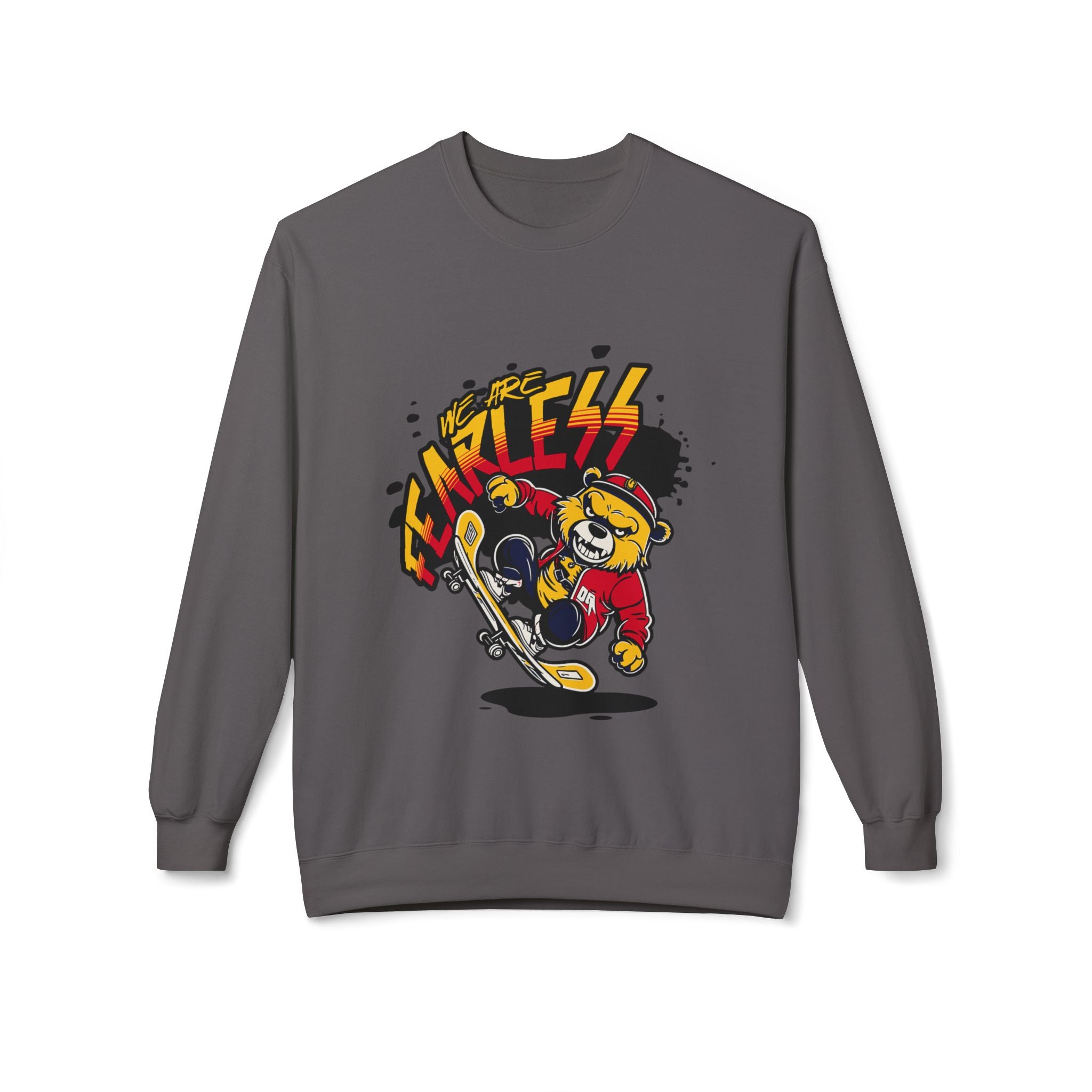 Fearless Skateboard Bear Crewneck Sweatshirt, Cozy Streetwear, Gifts for Skaters, Unisex Fall Fashion, Edgy Graphic Sweatshirt