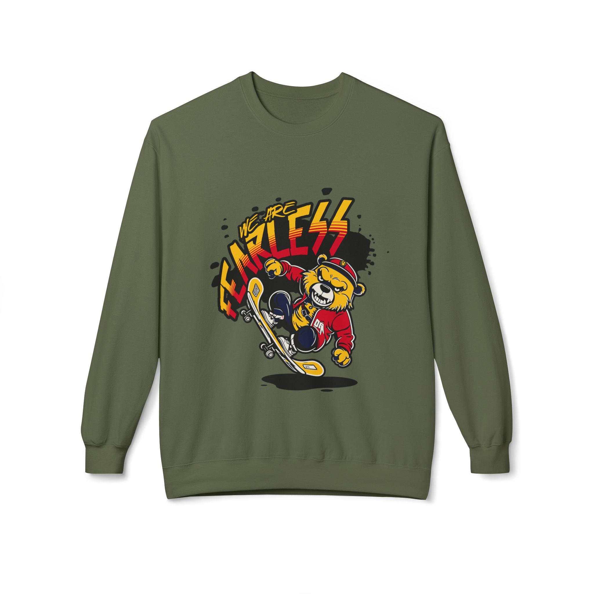 Fearless Skateboard Bear Crewneck Sweatshirt, Cozy Streetwear, Gifts for Skaters, Unisex Fall Fashion, Edgy Graphic Sweatshirt