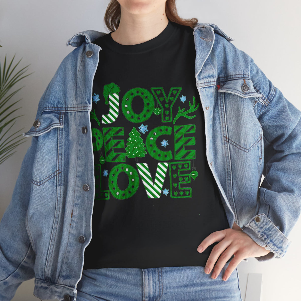 Joy Peace Love Christmas Shirt, Green Holiday Graphic Tee, Festive Christmas Typography T-Shirt, Positive Holiday Gift