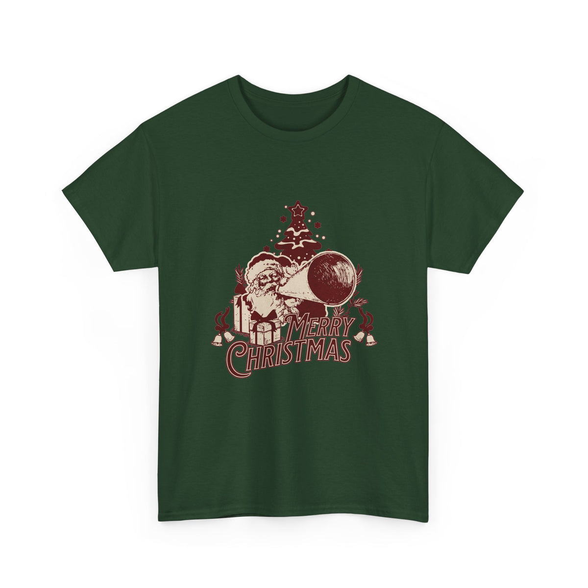 Vintage Megaphone Santa T-Shirt — Retro Christmas Tree Graphic Tee