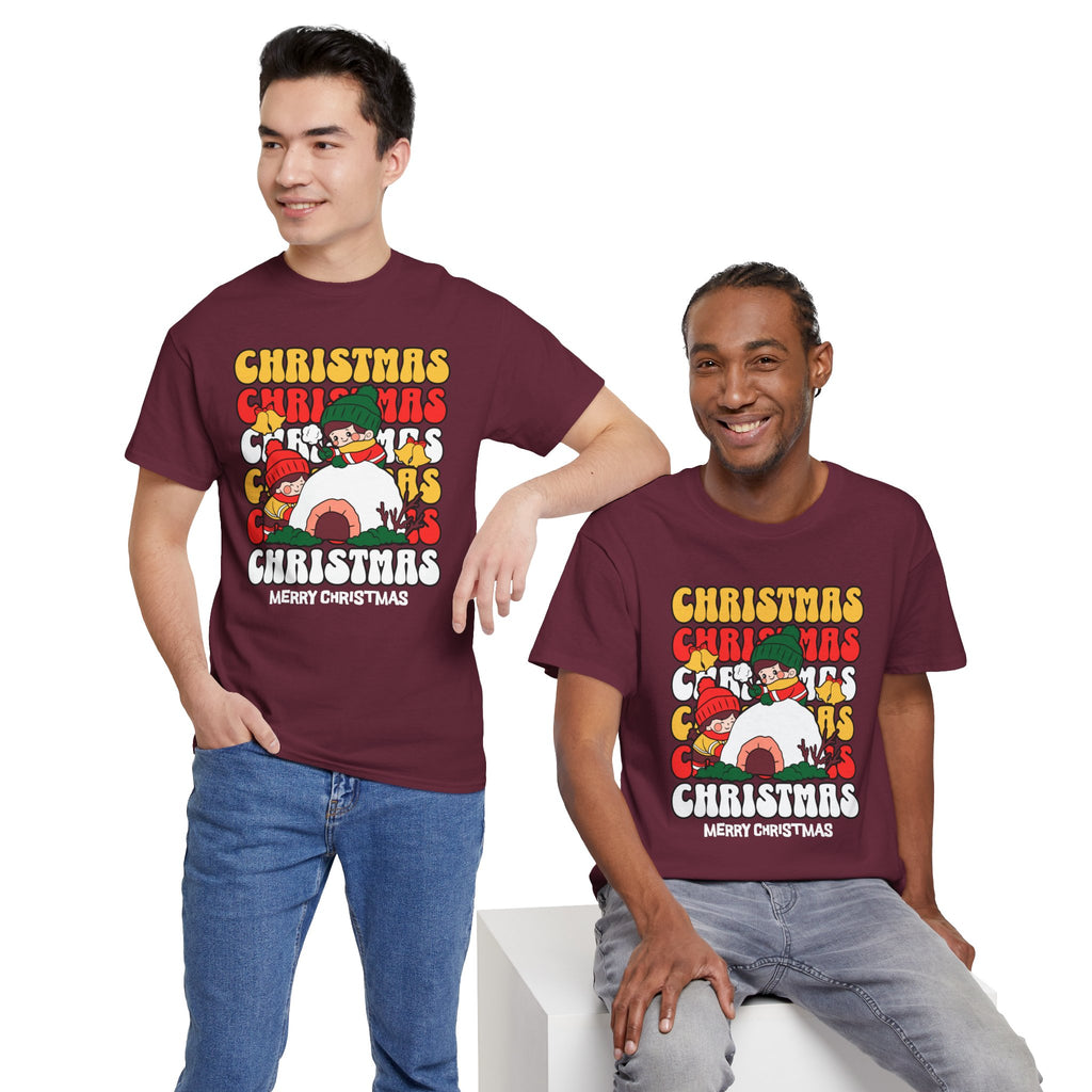 Cute Christmas Shirt, Retro Merry Christmas Graphic Tee, Kids Playing in Snow T-Shirt, Cozy Holiday Gift