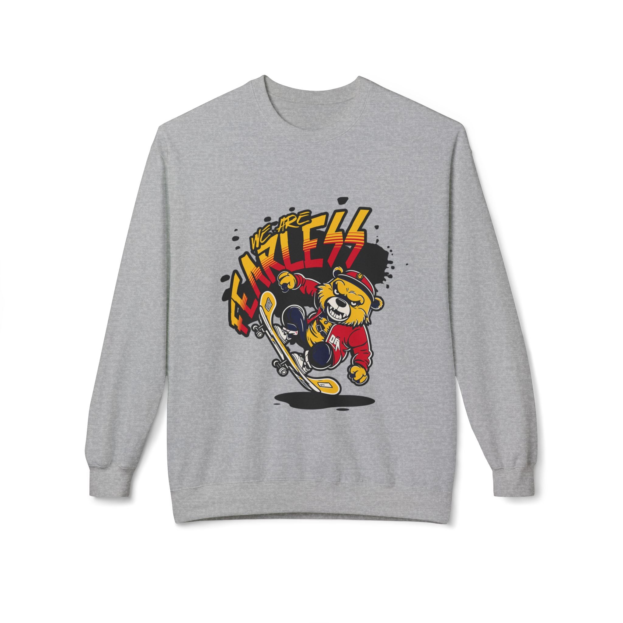 Fearless Skateboard Bear Crewneck Sweatshirt, Cozy Streetwear, Gifts for Skaters, Unisex Fall Fashion, Edgy Graphic Sweatshirt