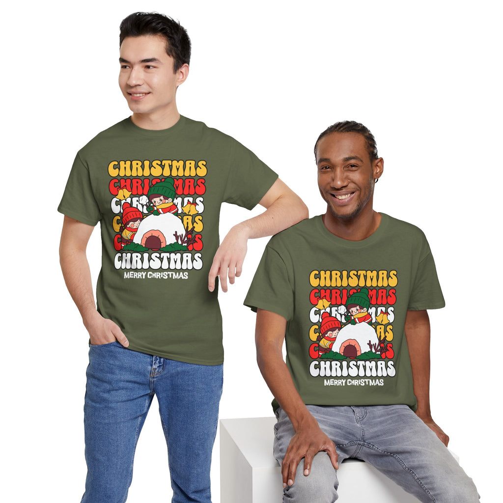 Cute Christmas Shirt, Retro Merry Christmas Graphic Tee, Kids Playing in Snow T-Shirt, Cozy Holiday Gift