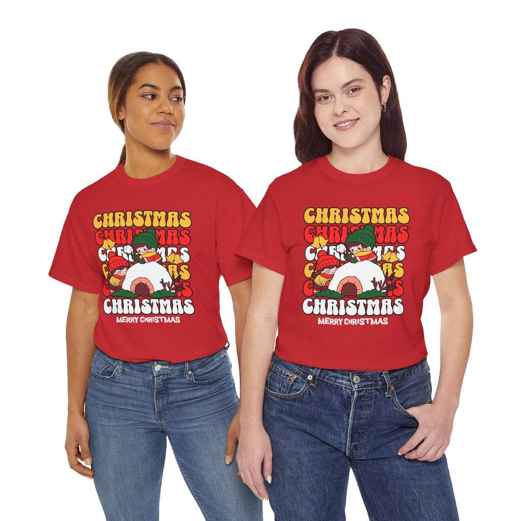 Cute Christmas Shirt, Retro Merry Christmas Graphic Tee, Kids Playing in Snow T-Shirt, Cozy Holiday Gift