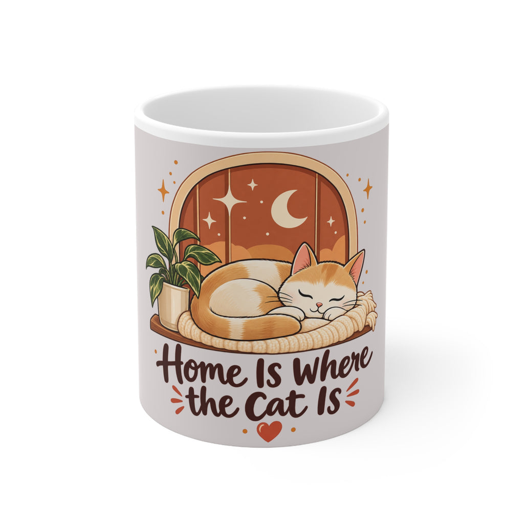 Cat Lover Mug, Home Is Where the Cat Is Coffee Cup, Cute Sleeping Cat Gift for Cat Mom