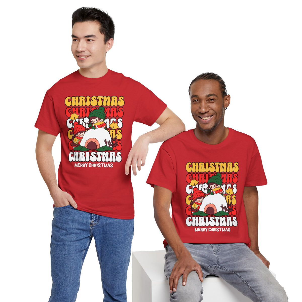 Cute Christmas Shirt, Retro Merry Christmas Graphic Tee, Kids Playing in Snow T-Shirt, Cozy Holiday Gift