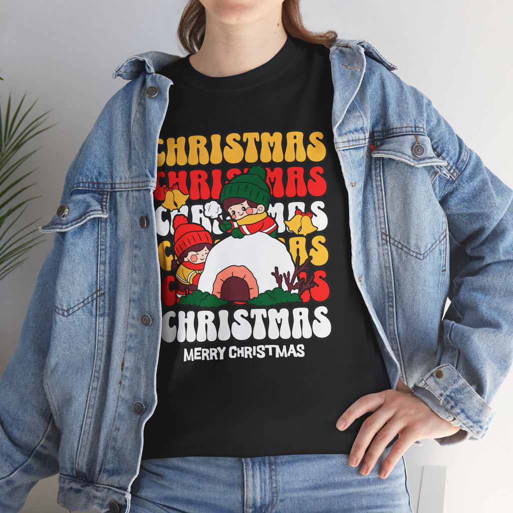 Cute Christmas Shirt, Retro Merry Christmas Graphic Tee, Kids Playing in Snow T-Shirt, Cozy Holiday Gift