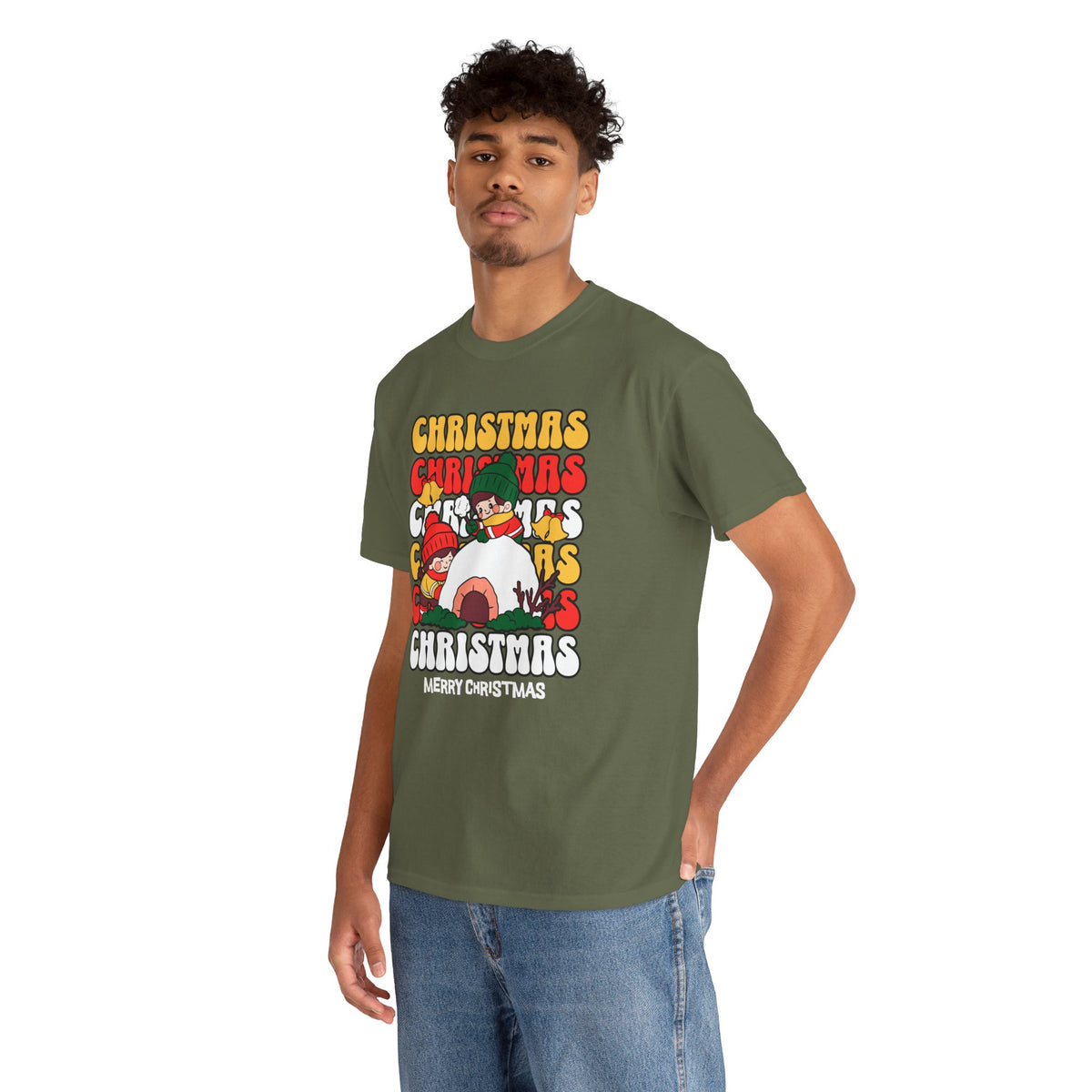 Cute Christmas Shirt, Retro Merry Christmas Graphic Tee, Kids Playing in Snow T-Shirt, Cozy Holiday Gift