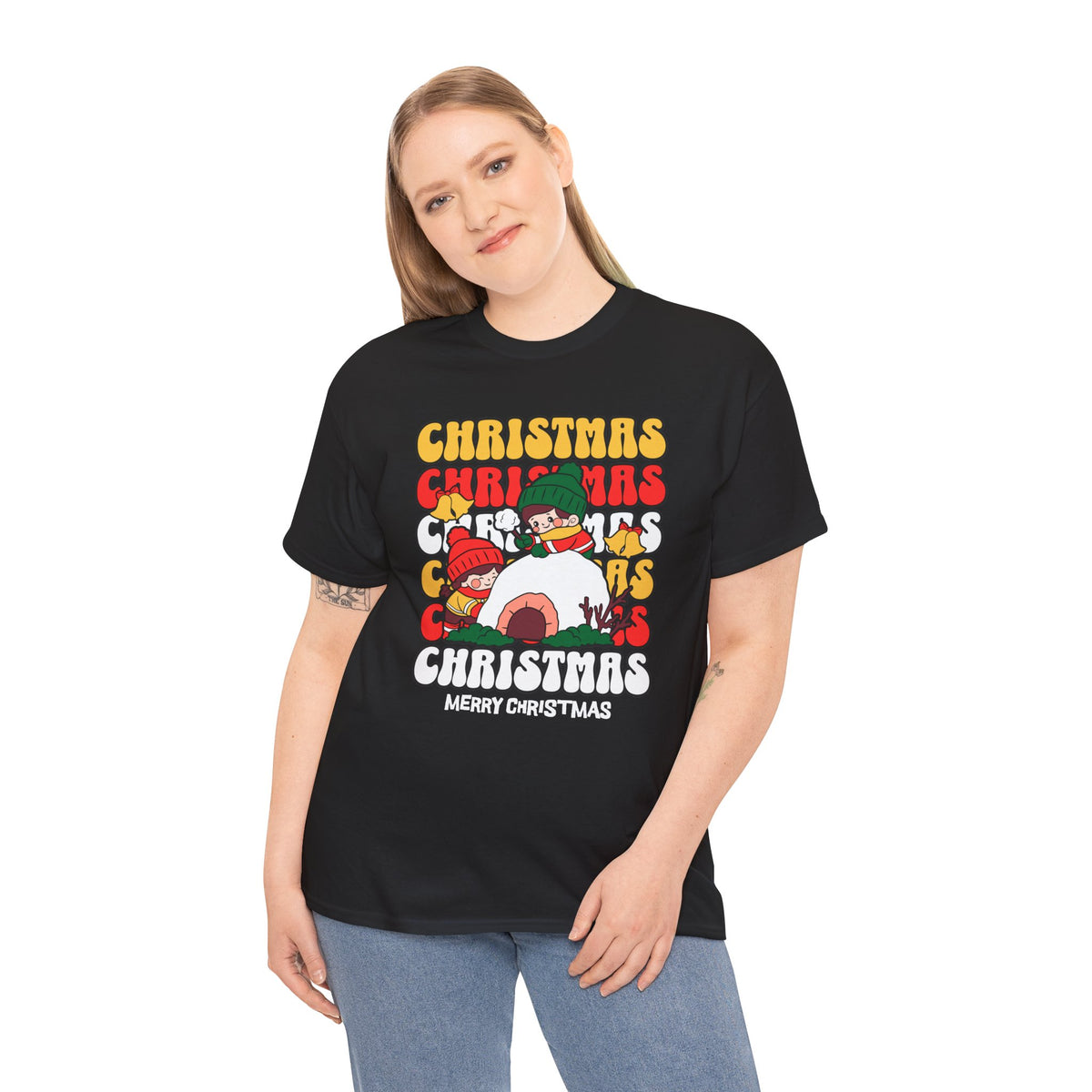 Cute Christmas Shirt, Retro Merry Christmas Graphic Tee, Kids Playing in Snow T-Shirt, Cozy Holiday Gift