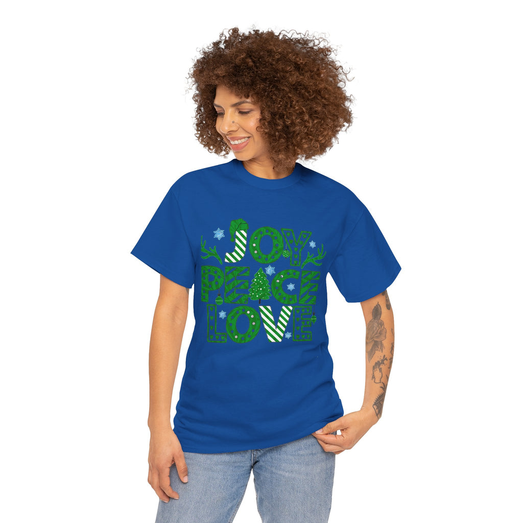 Joy Peace Love Christmas Shirt, Green Holiday Graphic Tee, Festive Christmas Typography T-Shirt, Positive Holiday Gift