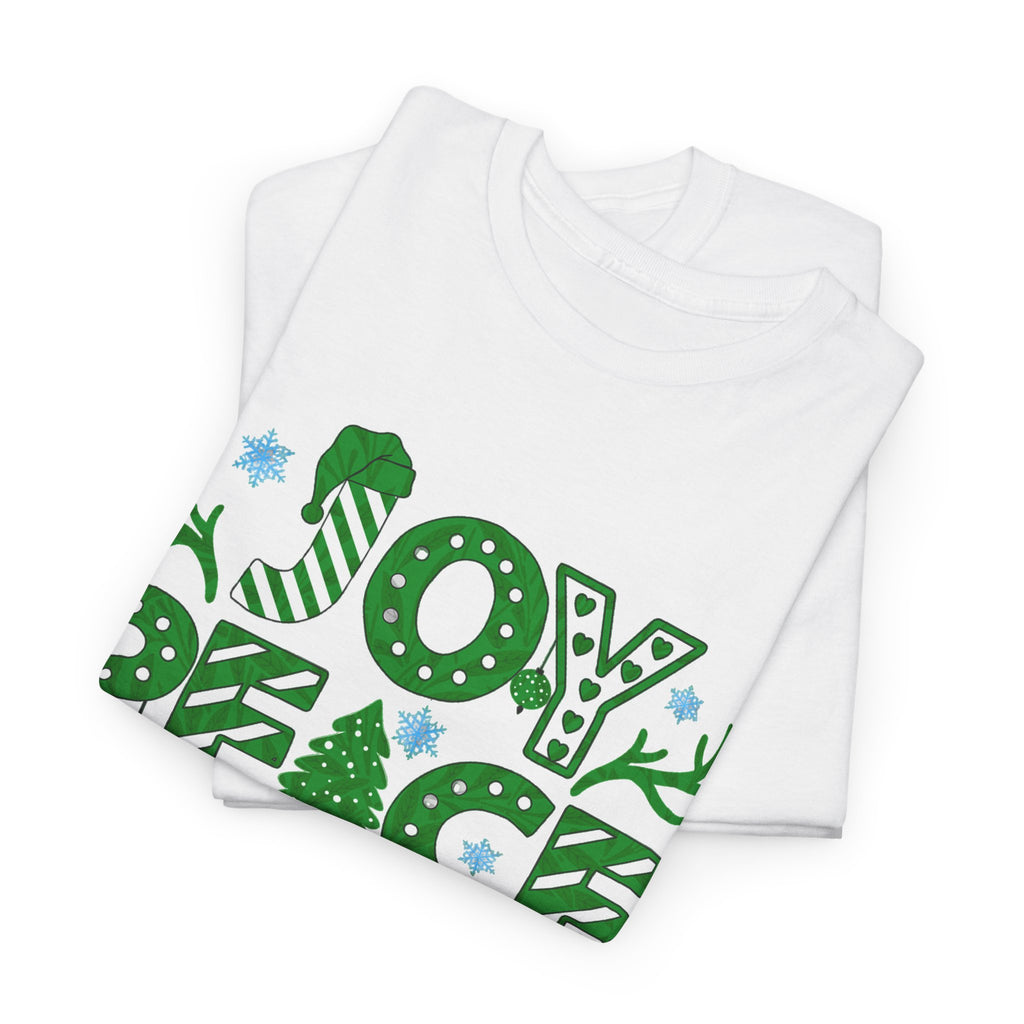 Joy Peace Love Christmas Shirt, Green Holiday Graphic Tee, Festive Christmas Typography T-Shirt, Positive Holiday Gift