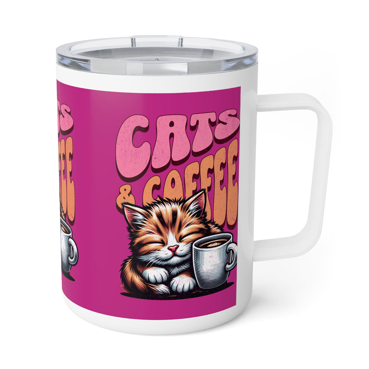 Pink Cat & Coffee Mug - Drinkware for Coffee Lovers, 10oz Insulated Design