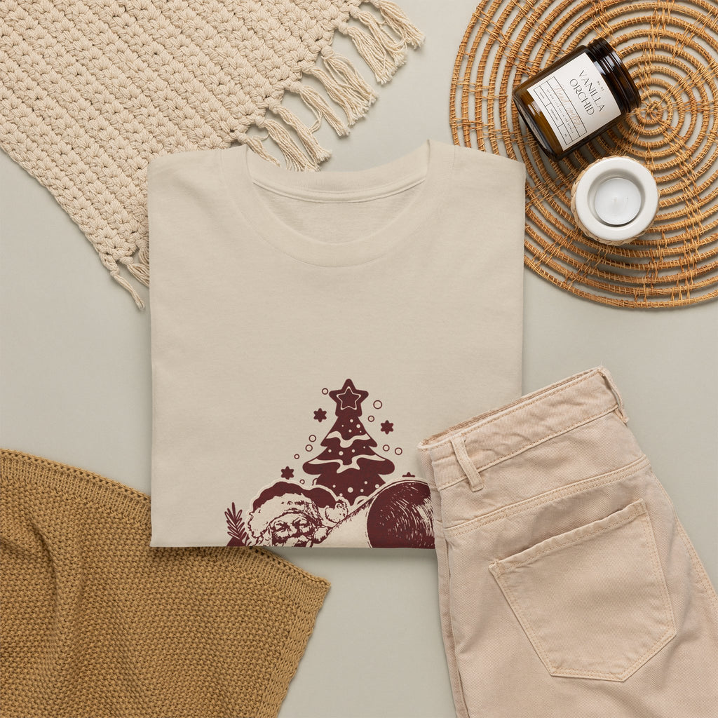 Vintage Megaphone Santa T-Shirt — Retro Christmas Tree Graphic Tee