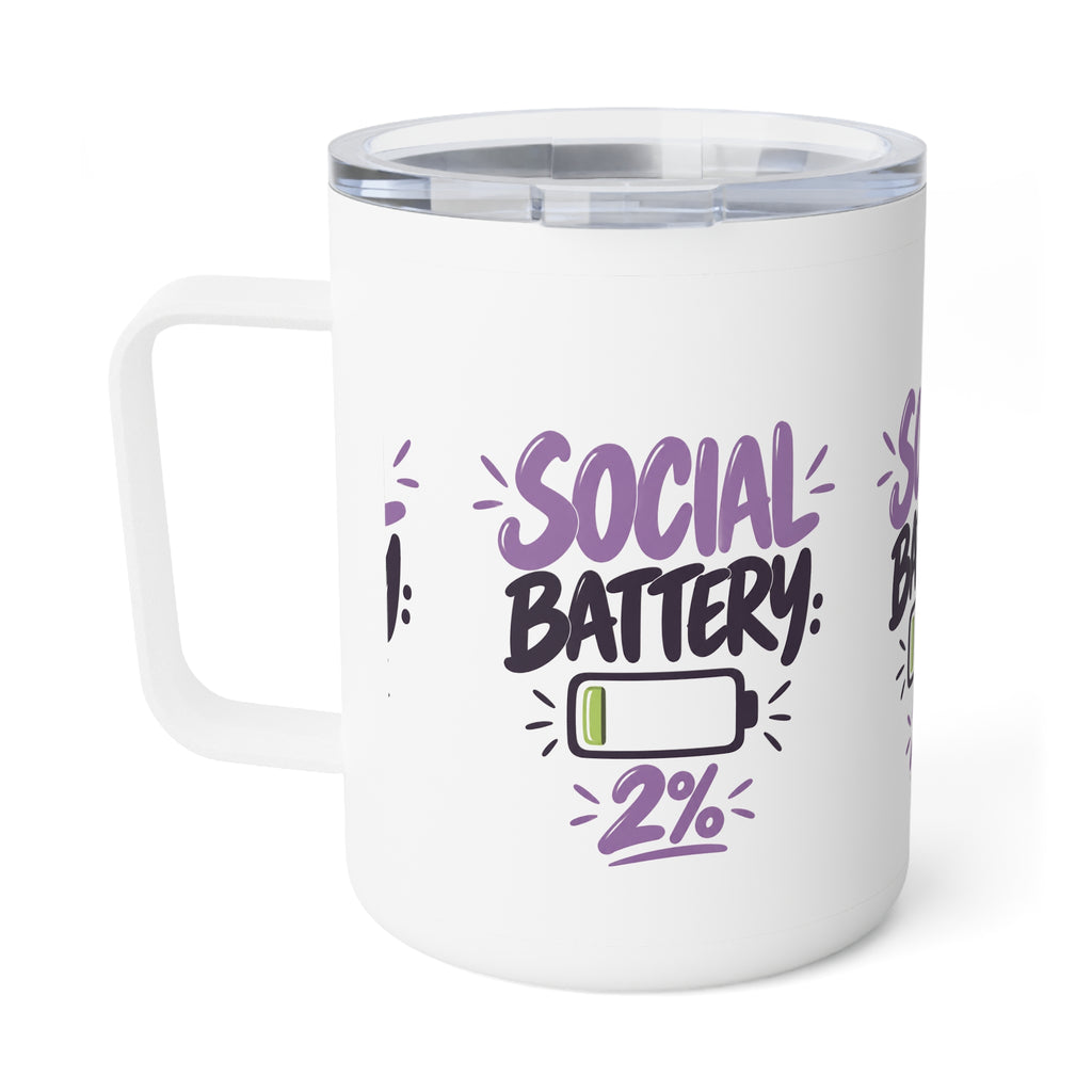 Social Battery: 2% — Funny Insulated Coffee Mug, 10oz