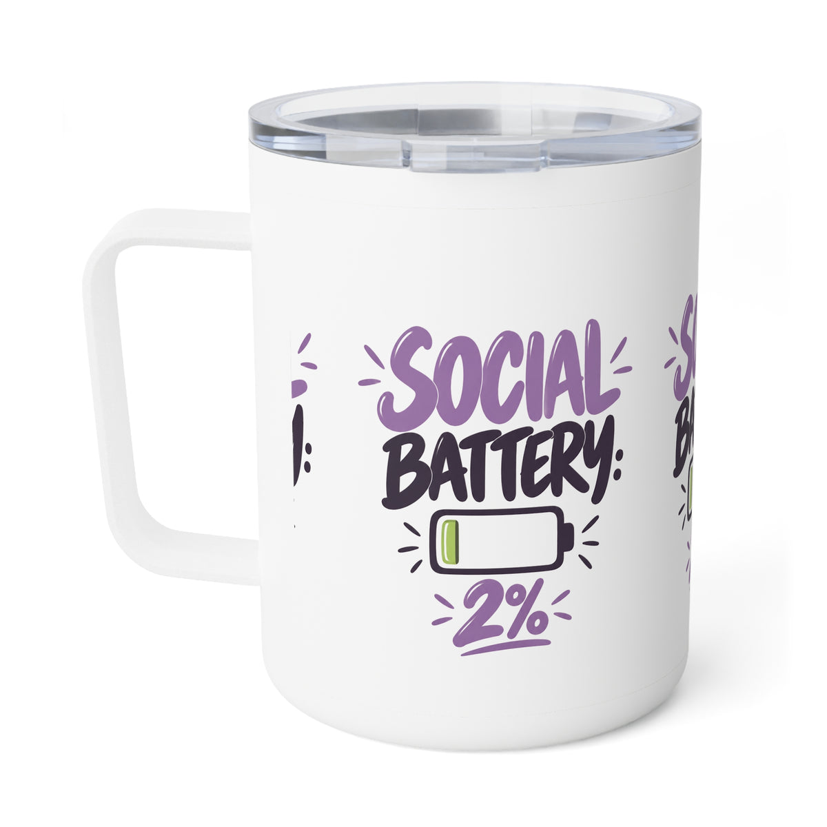 Social Battery: 2% — Funny Insulated Coffee Mug, 10oz
