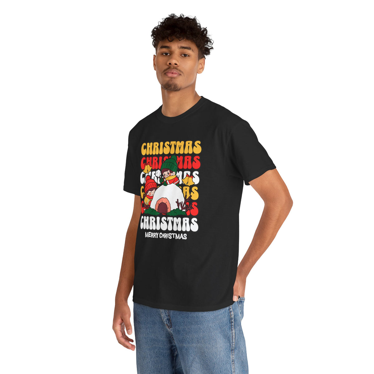 Cute Christmas Shirt, Retro Merry Christmas Graphic Tee, Kids Playing in Snow T-Shirt, Cozy Holiday Gift