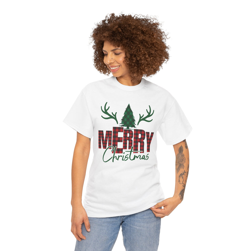 Buffalo Plaid Christmas Shirt, Merry Christmas Graphic Tee, Rustic Farmhouse Holiday T-Shirt, Red Plaid Xmas Gift