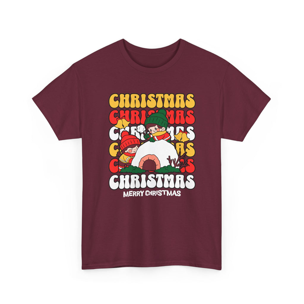Cute Christmas Shirt, Retro Merry Christmas Graphic Tee, Kids Playing in Snow T-Shirt, Cozy Holiday Gift