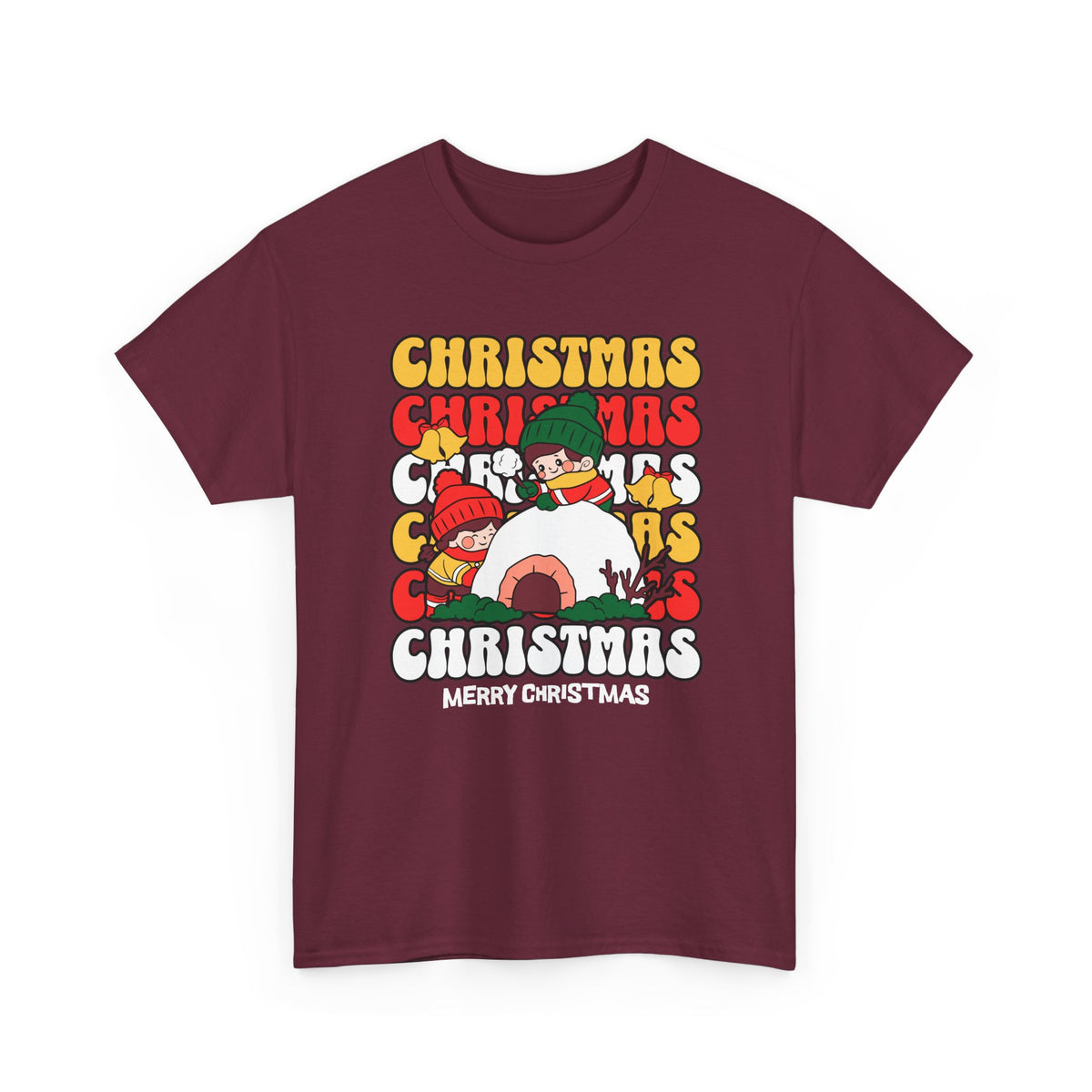 Cute Christmas Shirt, Retro Merry Christmas Graphic Tee, Kids Playing in Snow T-Shirt, Cozy Holiday Gift