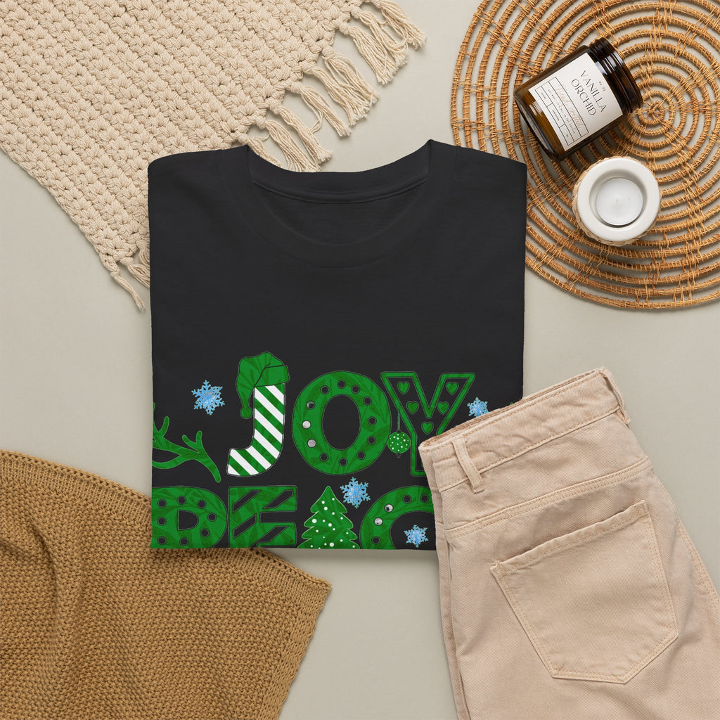 Joy Peace Love Christmas Shirt, Green Holiday Graphic Tee, Festive Christmas Typography T-Shirt, Positive Holiday Gift