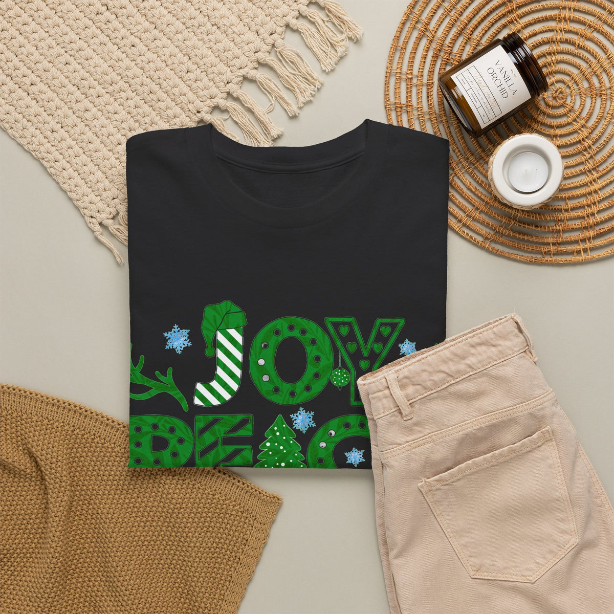 Joy Peace Love Christmas Shirt, Green Holiday Graphic Tee, Festive Christmas Typography T-Shirt, Positive Holiday Gift