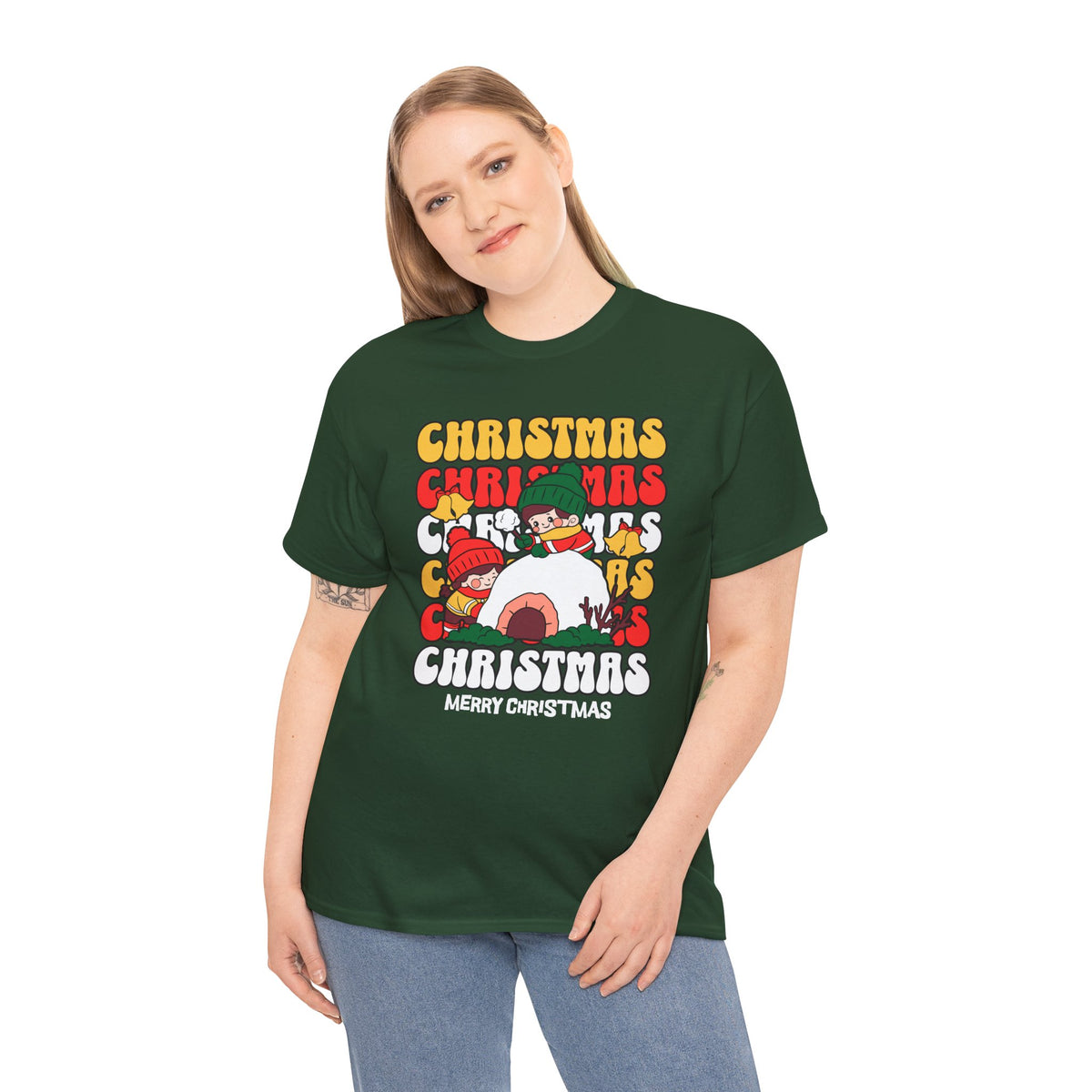 Cute Christmas Shirt, Retro Merry Christmas Graphic Tee, Kids Playing in Snow T-Shirt, Cozy Holiday Gift