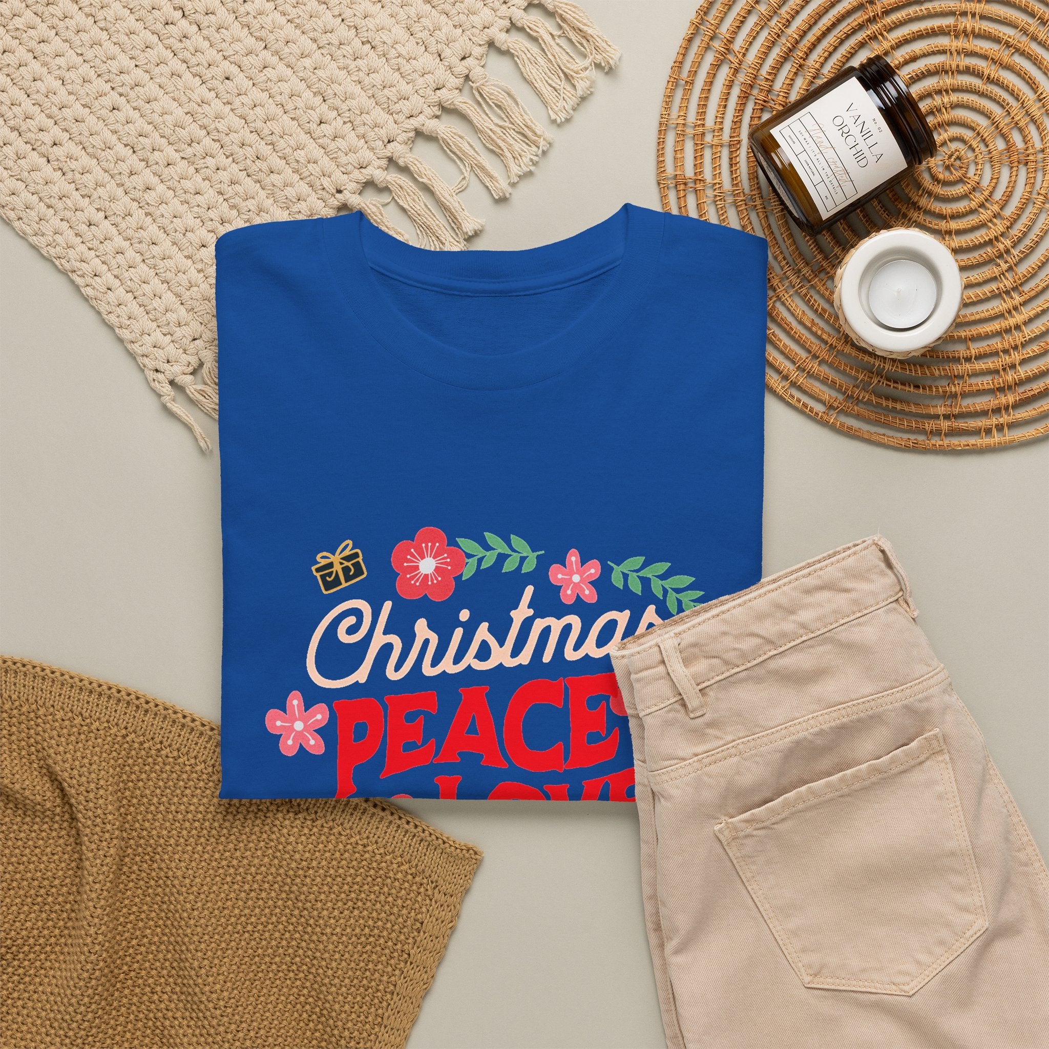 Christmas Peace & Love Holiday T-Shirt — Festive Floral Christmas Graphic Tee