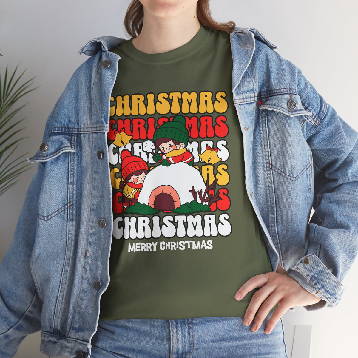 Cute Christmas Shirt, Retro Merry Christmas Graphic Tee, Kids Playing in Snow T-Shirt, Cozy Holiday Gift