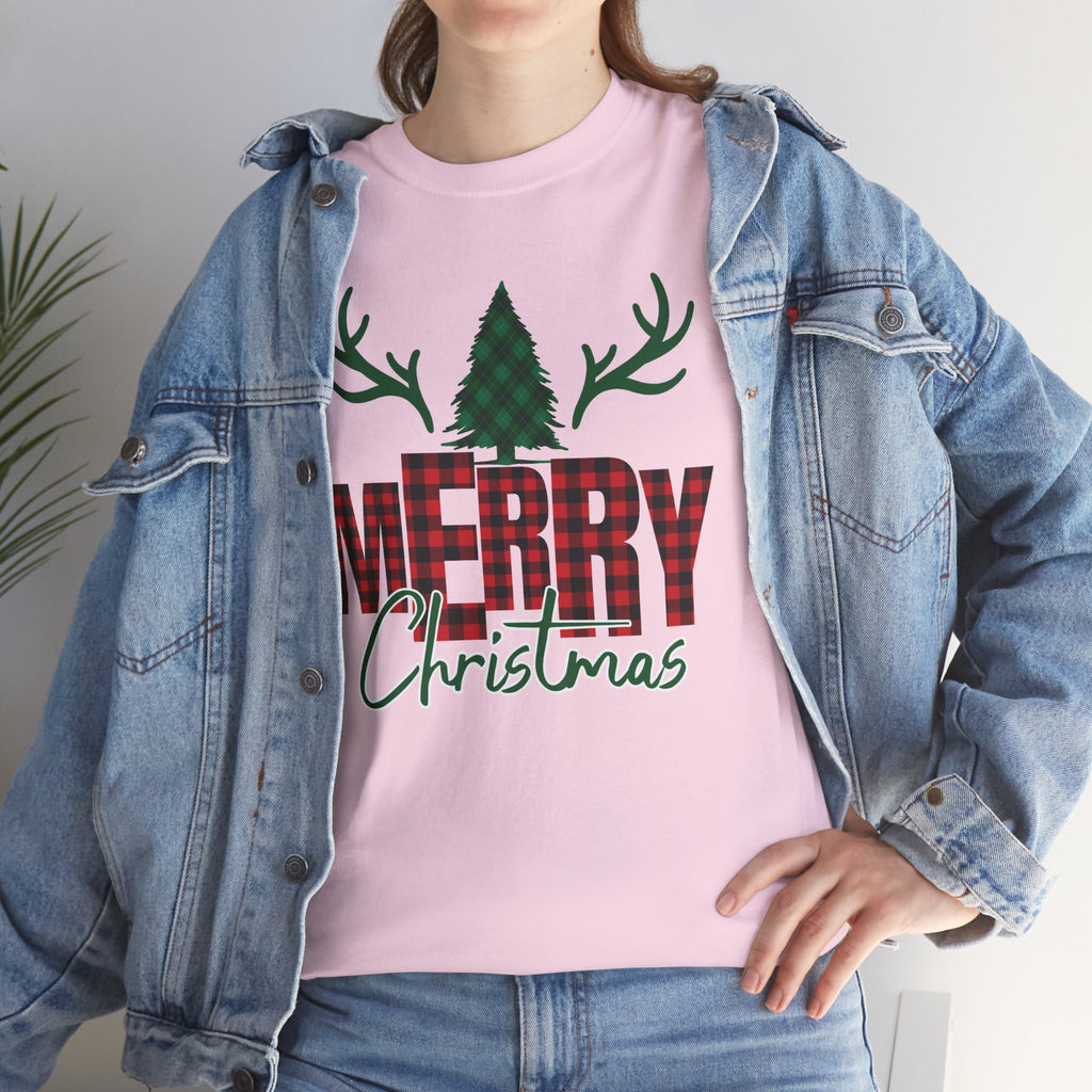 Buffalo Plaid Christmas Shirt, Merry Christmas Graphic Tee, Rustic Farmhouse Holiday T-Shirt, Red Plaid Xmas Gift
