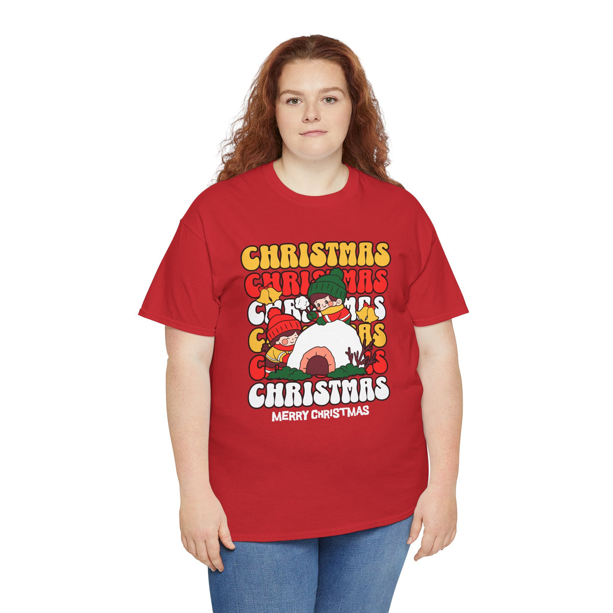 Cute Christmas Shirt, Retro Merry Christmas Graphic Tee, Kids Playing in Snow T-Shirt, Cozy Holiday Gift