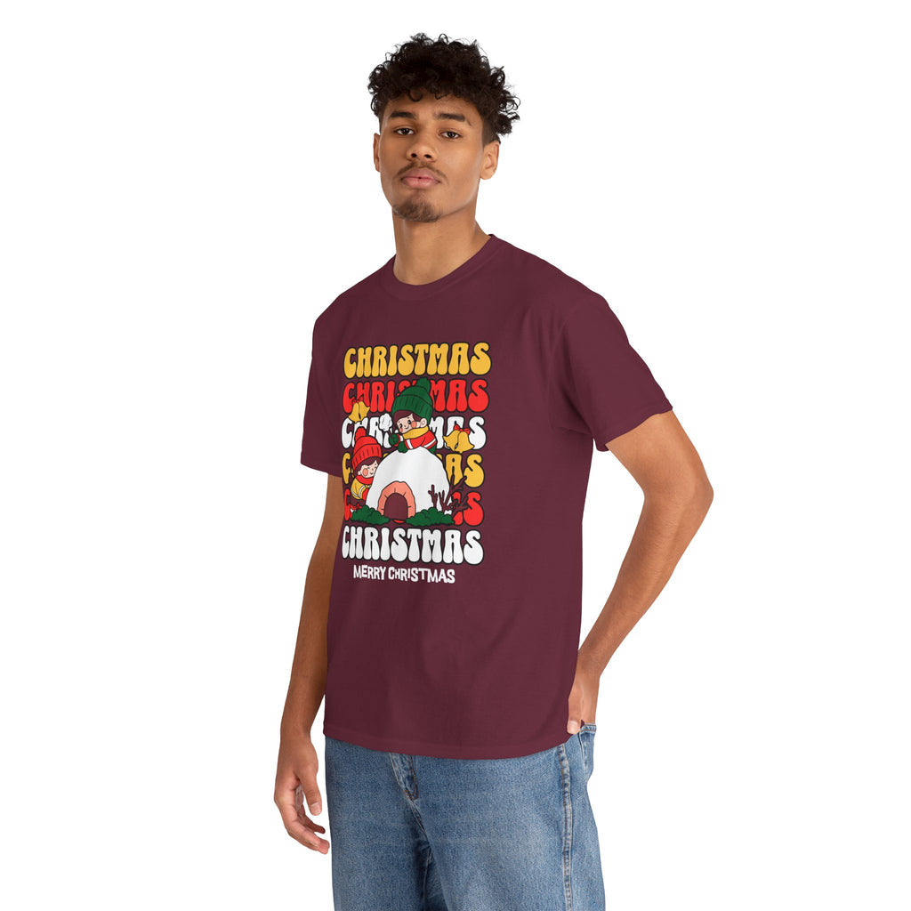 Cute Christmas Shirt, Retro Merry Christmas Graphic Tee, Kids Playing in Snow T-Shirt, Cozy Holiday Gift