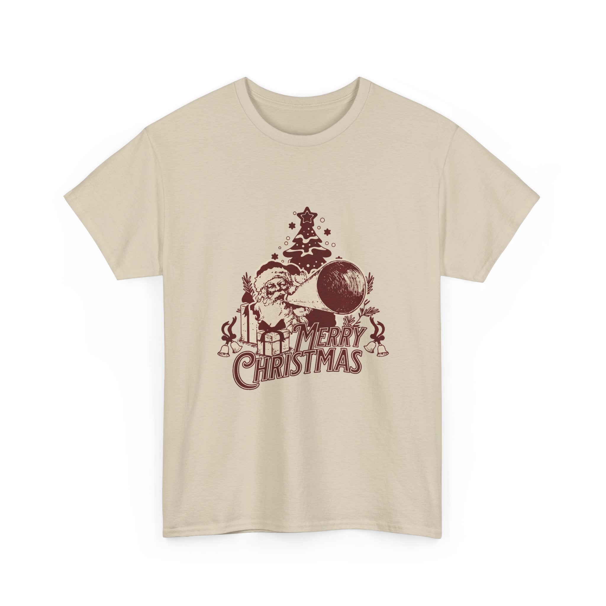 Vintage Megaphone Santa T-Shirt — Retro Christmas Tree Graphic Tee