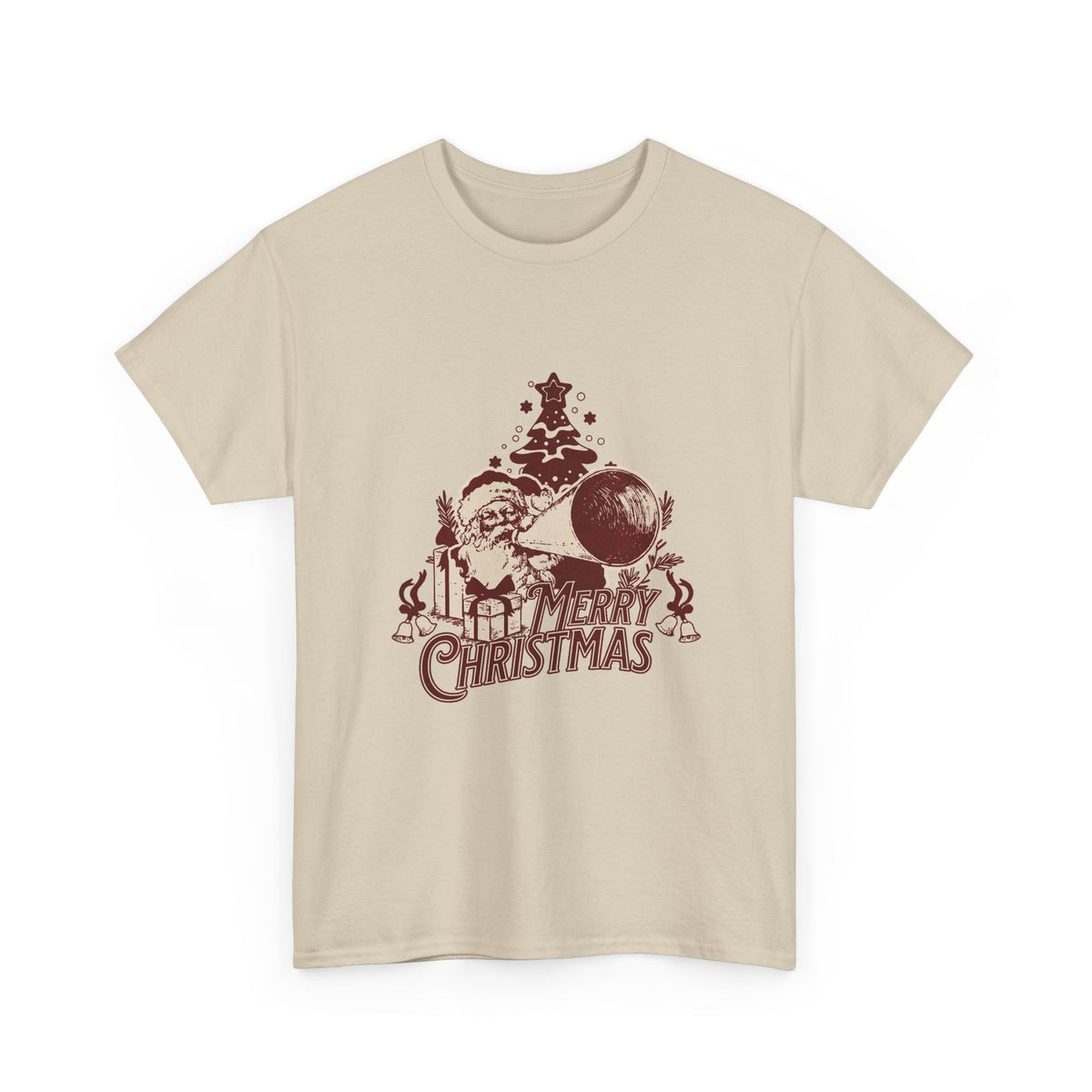 Vintage Megaphone Santa T-Shirt — Retro Christmas Tree Graphic Tee