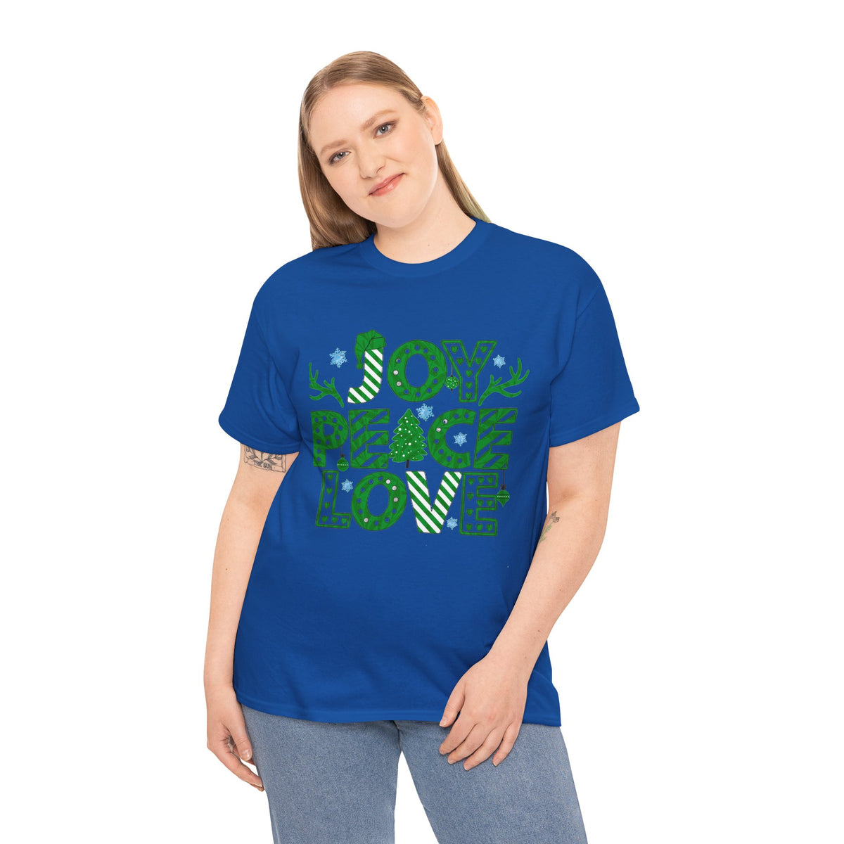 Joy Peace Love Christmas Shirt, Green Holiday Graphic Tee, Festive Christmas Typography T-Shirt, Positive Holiday Gift