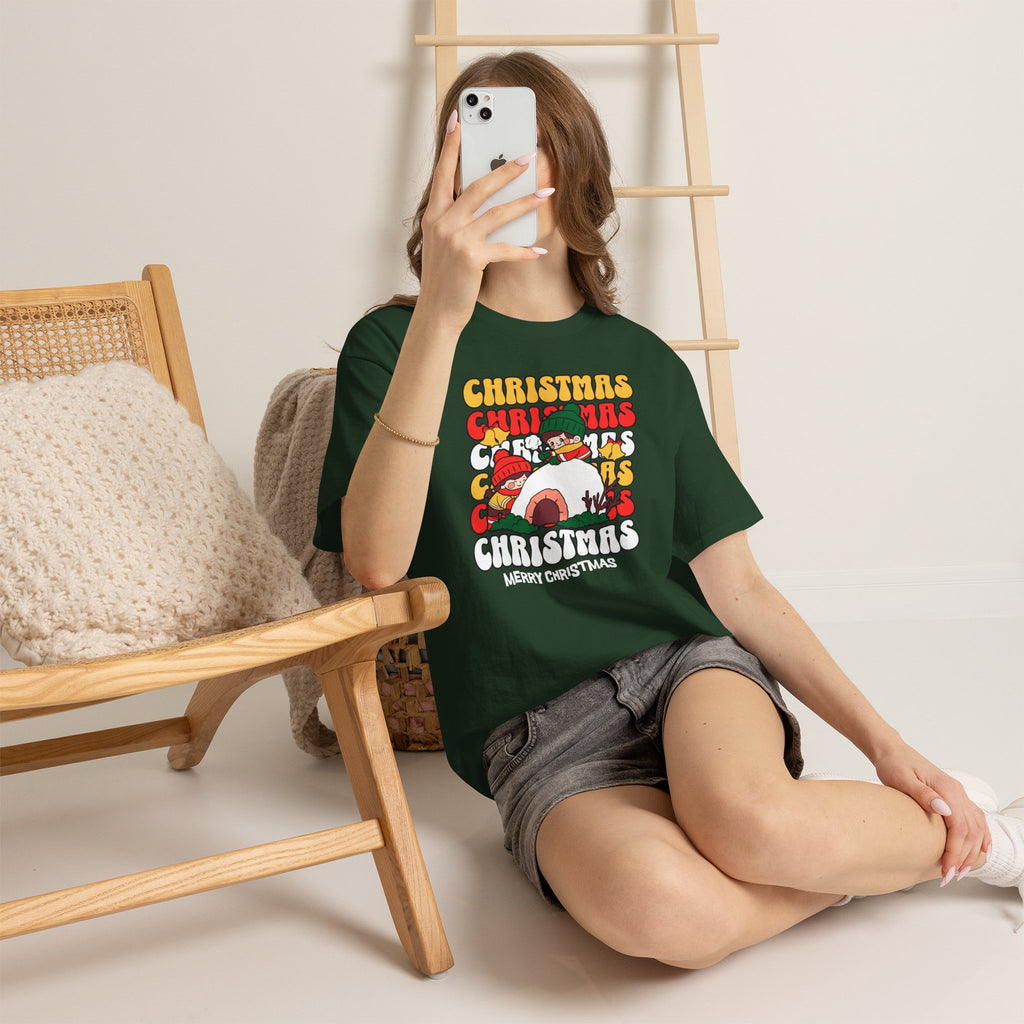 Cute Christmas Shirt, Retro Merry Christmas Graphic Tee, Kids Playing in Snow T-Shirt, Cozy Holiday Gift