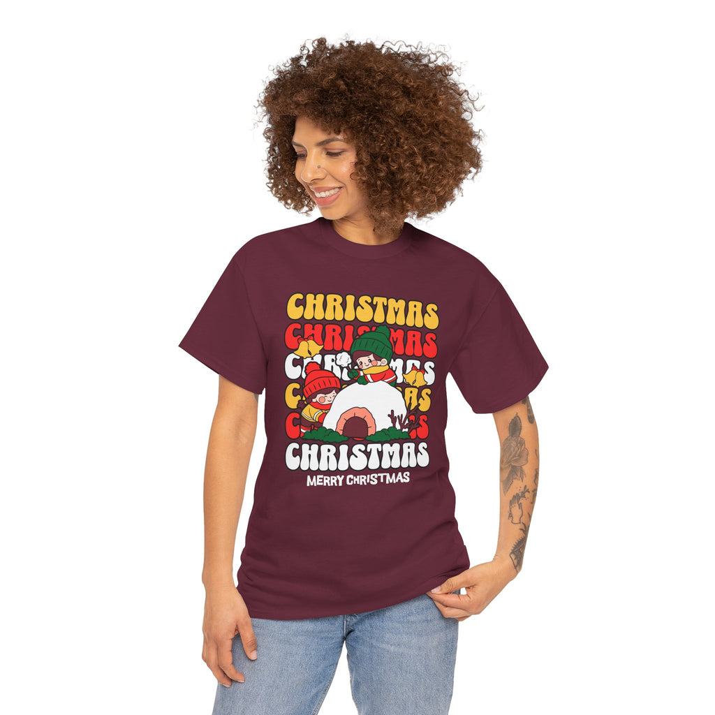 Cute Christmas Shirt, Retro Merry Christmas Graphic Tee, Kids Playing in Snow T-Shirt, Cozy Holiday Gift