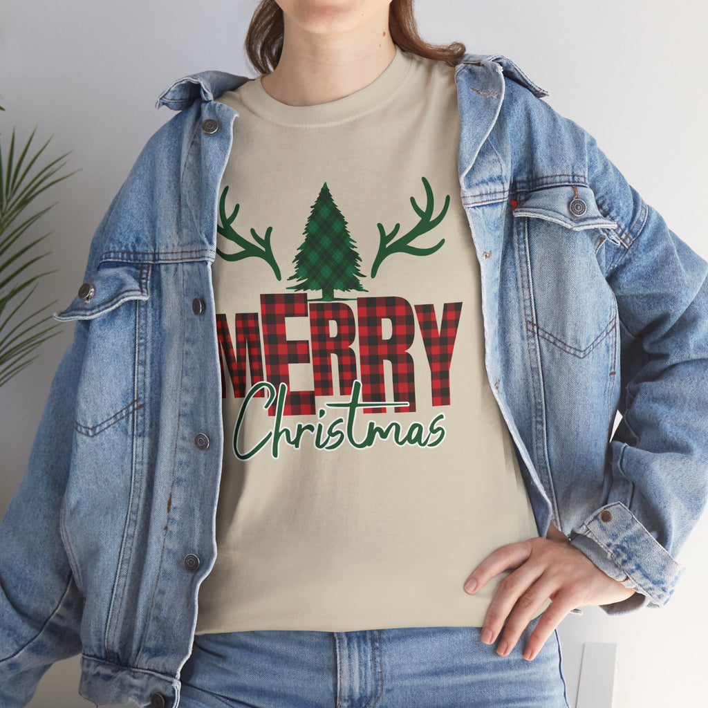 Buffalo Plaid Christmas Shirt, Merry Christmas Graphic Tee, Rustic Farmhouse Holiday T-Shirt, Red Plaid Xmas Gift