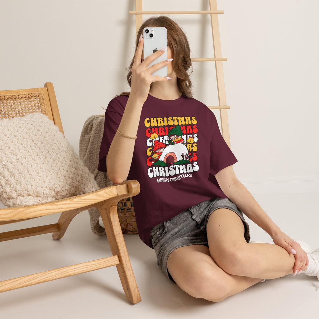 Cute Christmas Shirt, Retro Merry Christmas Graphic Tee, Kids Playing in Snow T-Shirt, Cozy Holiday Gift