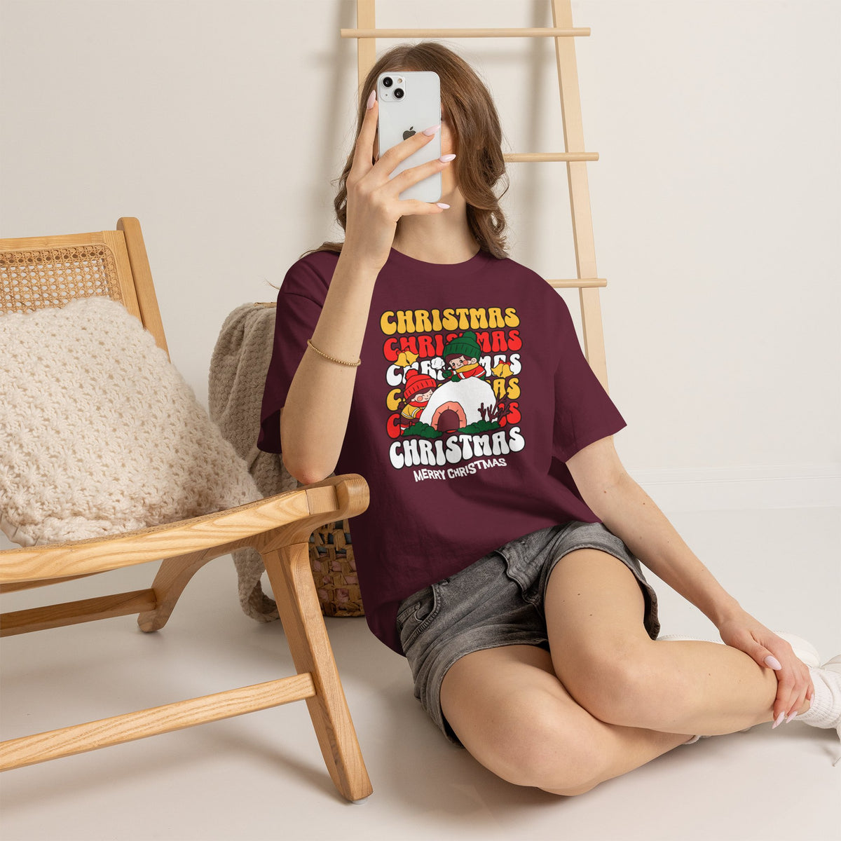 Cute Christmas Shirt, Retro Merry Christmas Graphic Tee, Kids Playing in Snow T-Shirt, Cozy Holiday Gift