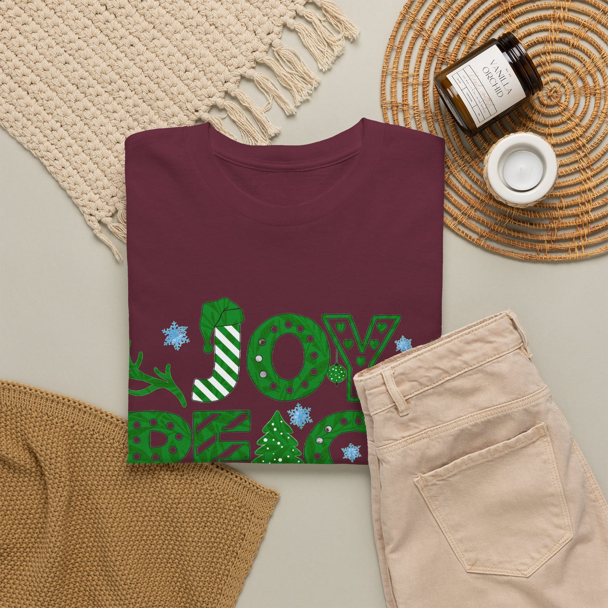 Joy Peace Love Christmas Shirt, Green Holiday Graphic Tee, Festive Christmas Typography T-Shirt, Positive Holiday Gift