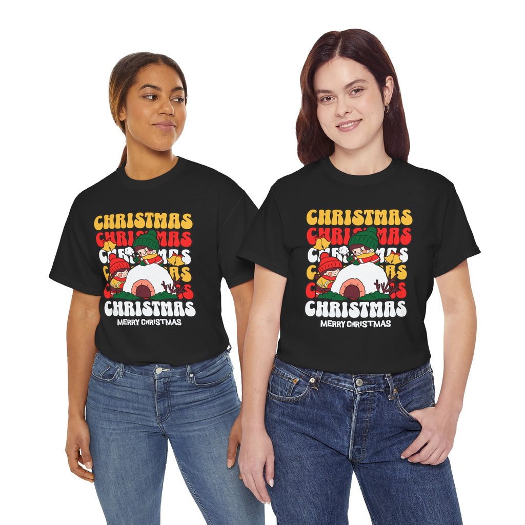 Cute Christmas Shirt, Retro Merry Christmas Graphic Tee, Kids Playing in Snow T-Shirt, Cozy Holiday Gift